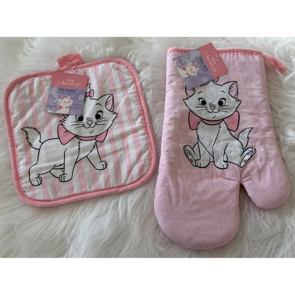 Disney The Aristocats Marie Oven Mitt and Pot Holder Set Pink White Striped NEW
